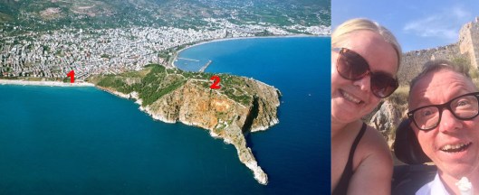 Dette er fjellet som jeg besteg. 1 startpunkt, Kleopartra beach, 0 moh. 2 Alanya Kalesi, 250 moh. Avstand 3,2 km, hvorav 1,5 km var romersk brostein.